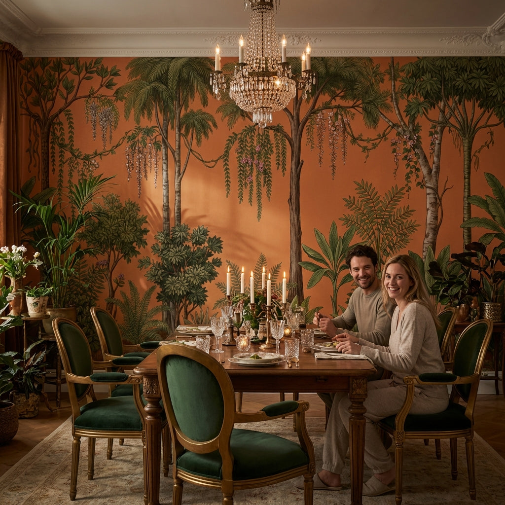 Tropical Botanical Wallpaper Terracotta Background Palm Trees Removable Wall Decor