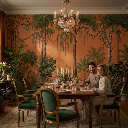 Tropical Botanical Wallpaper Terracotta Background Palm Trees Removable Wall Decor