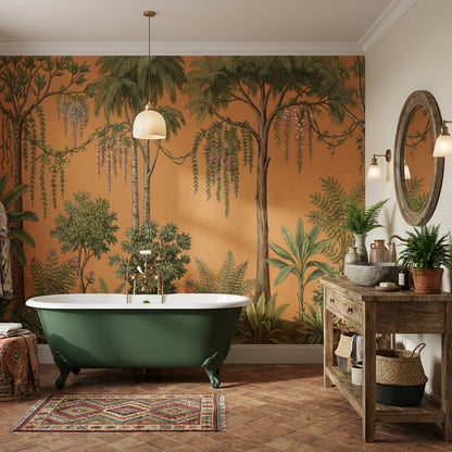 Tropical Botanical Wallpaper Terracotta Background Palm Trees Removable Wall Decor