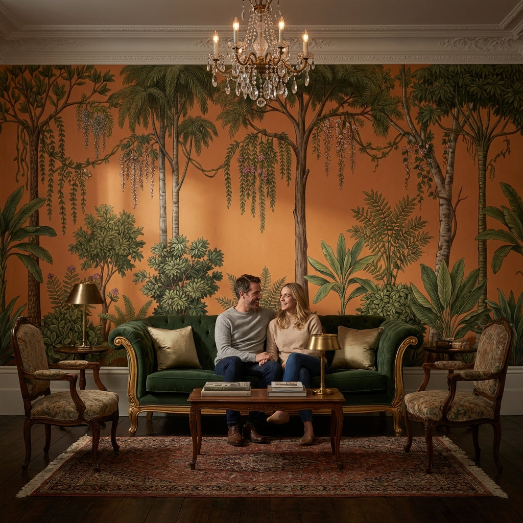 Tropical Botanical Wallpaper Terracotta Background Palm Trees Removable Wall Decor