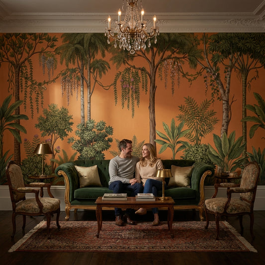 Tropical Botanical Wallpaper Terracotta Background Palm Trees Removable Wall Decor