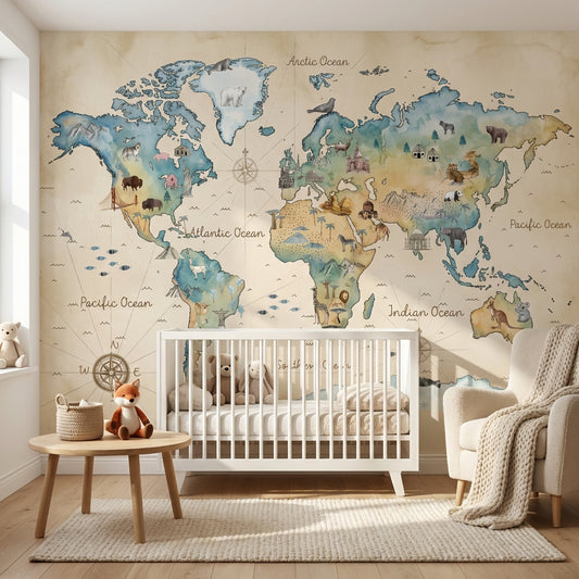 World Map Wallpaper Global Atlas Travel Cartography Removable Wall Decor
