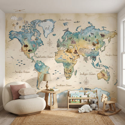 World Map Wallpaper Global Atlas Travel Cartography Removable Wall Decor