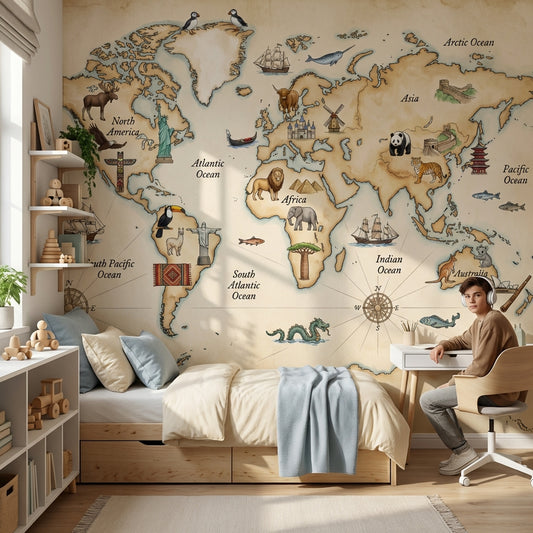 Vintage World Map Wallpaper World Map Totem Wall Mural
