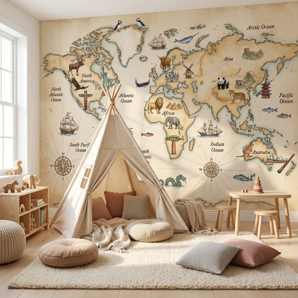 Vintage World Map Wallpaper World Map Totem Wall Mural