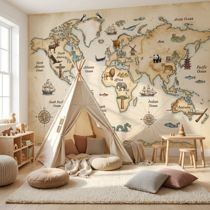 Vintage World Map Wallpaper World Map Totem Wall Mural