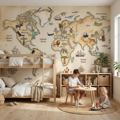 Vintage World Map Wallpaper World Map Totem Wall Mural