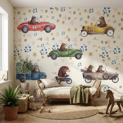Playful Kids Wallpaper Cute Bears Vintage Cars Wall Mural