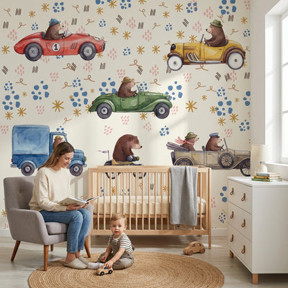 Playful Kids Wallpaper Cute Bears Vintage Cars Wall Mural
