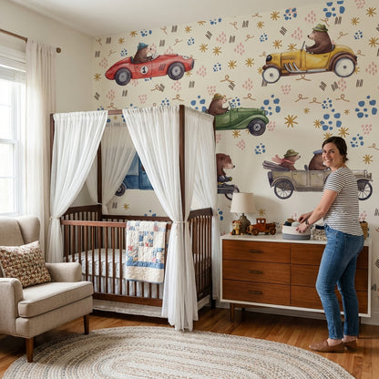 Playful Kids Wallpaper Cute Bears Vintage Cars Wall Mural