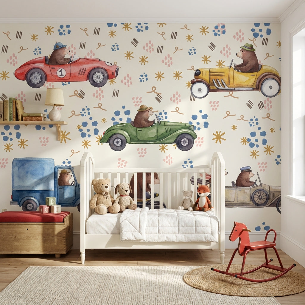 Playful Kids Wallpaper Cute Bears Vintage Cars Wall Mural
