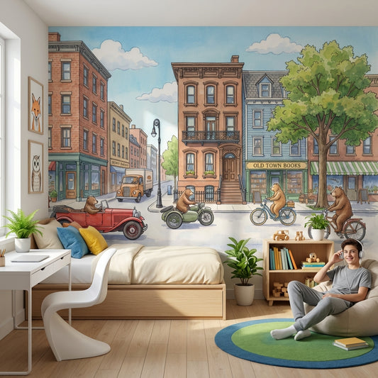 Storybook Illustration Wallpaper Town Street Bookstore Removable Wall Decor