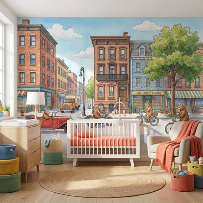 Storybook Illustration Wallpaper Town Street Bookstore Removable Wall Decor