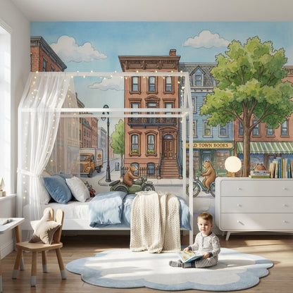 Storybook Illustration Wallpaper Town Street Bookstore Removable Wall Decor
