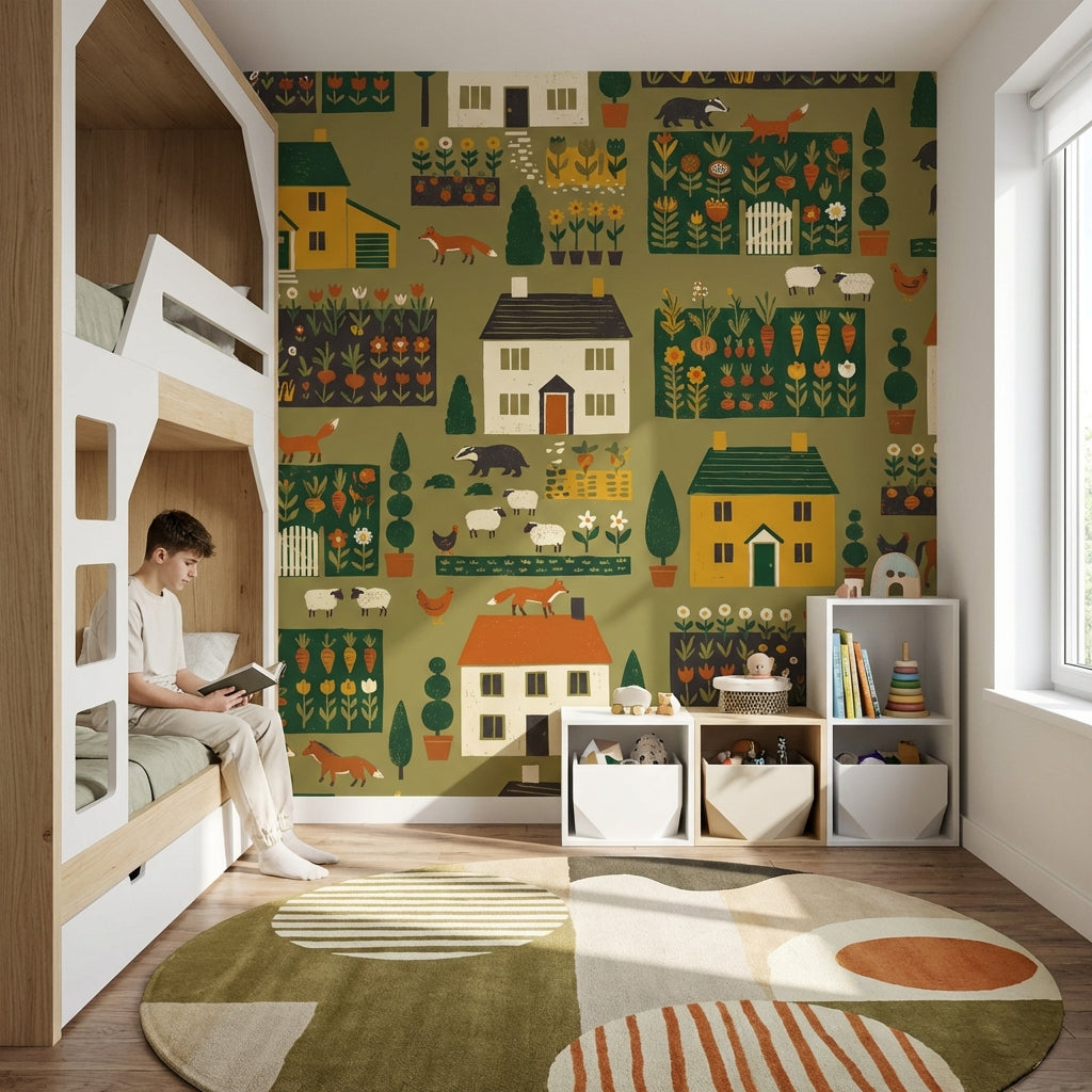 Countryside Wallpaper Farmhouse Folk Art Wall Mural