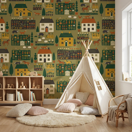 Countryside Wallpaper Farmhouse Folk Art Wall Mural