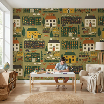 Countryside Wallpaper Farmhouse Folk Art Wall Mural