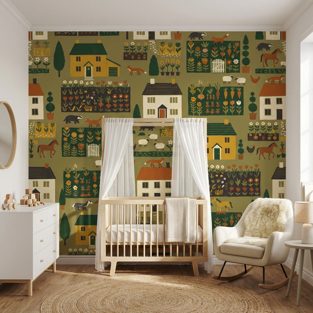 Countryside Wallpaper Farmhouse Folk Art Wall Mural