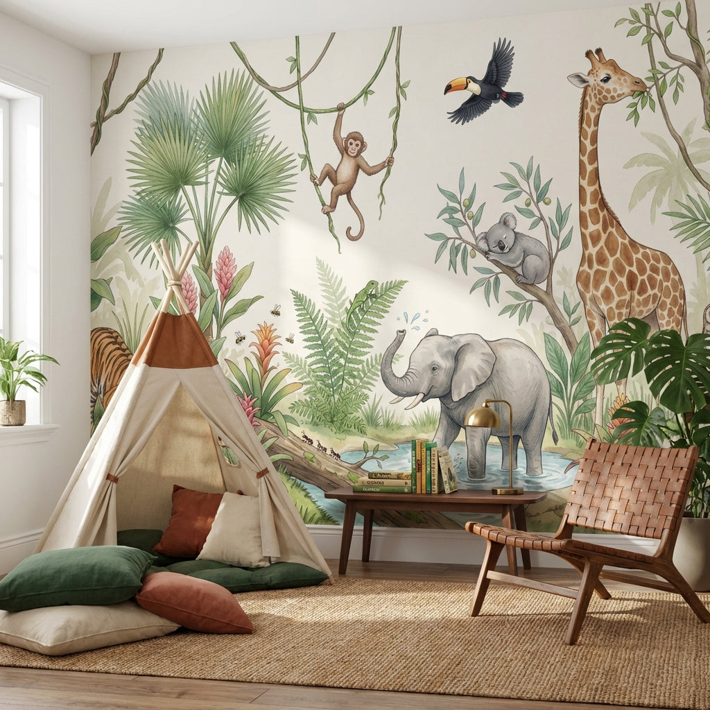 Jungle Wallpaper Safari Animals Watercolor Illustration Removable Wall Decor