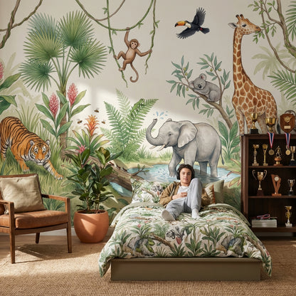 Jungle Wallpaper Safari Animals Watercolor Illustration Removable Wall Decor
