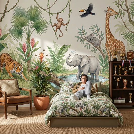 Jungle Wallpaper Safari Animals Watercolor Illustration Removable Wall Decor