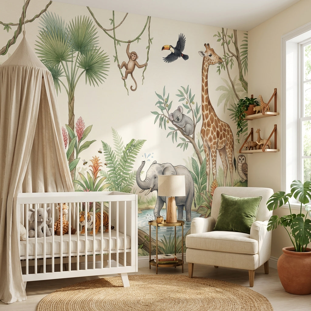 Jungle Wallpaper Safari Animals Watercolor Illustration Removable Wall Decor