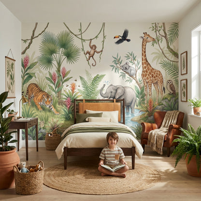 Jungle Wallpaper Safari Animals Watercolor Illustration Removable Wall Decor