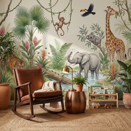 Jungle Wallpaper Safari Animals Watercolor Illustration Removable Wall Decor