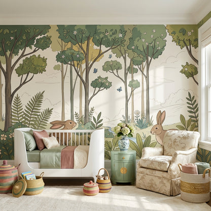 Woodland Landscape Wallpaper Rabbits Storybook Illustration Removable Wall Decor