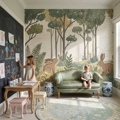Woodland Landscape Wallpaper Rabbits Storybook Illustration Removable Wall Decor