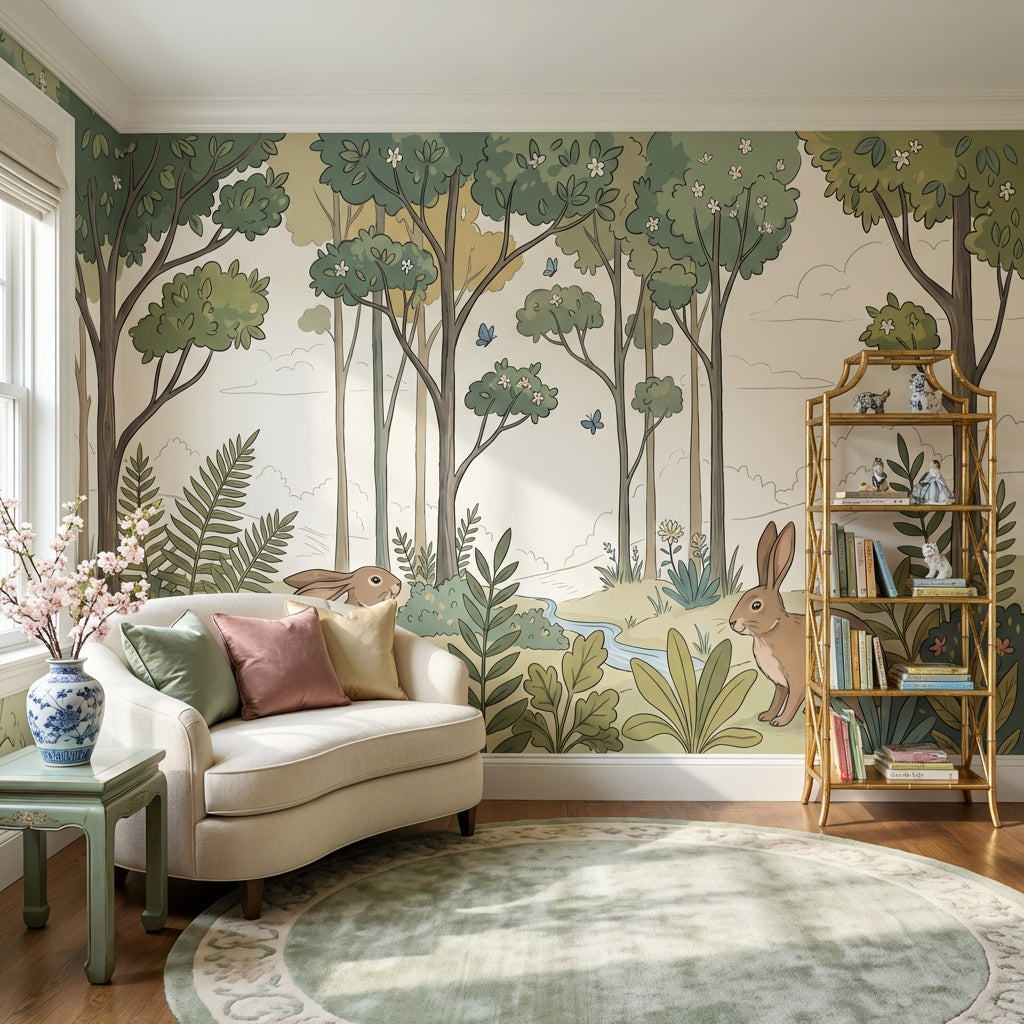 Woodland Landscape Wallpaper Rabbits Storybook Illustration Removable Wall Decor