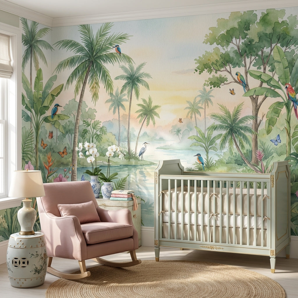Tropical Landscape Wallpaper Watercolor Lush Green Foliage Wall Mural