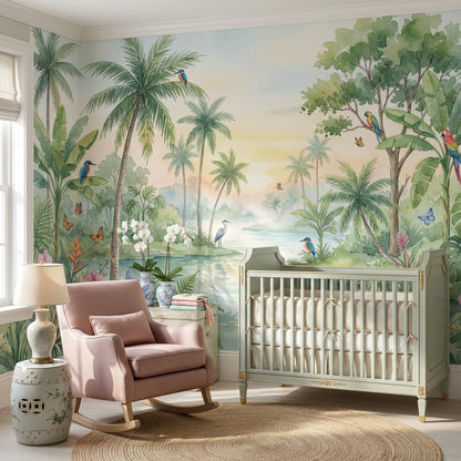 Tropical Landscape Wallpaper Watercolor Lush Green Foliage Wall Mural
