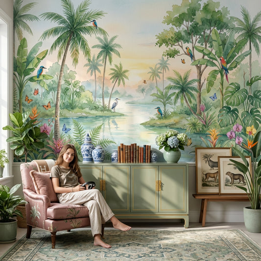 Tropical Landscape Wallpaper Watercolor Lush Green Foliage Wall Mural