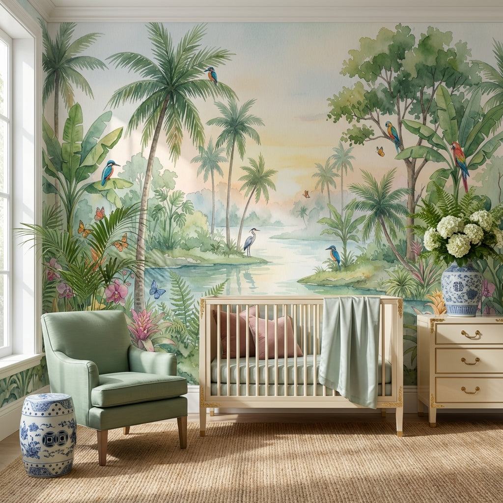 Tropical Landscape Wallpaper Watercolor Lush Green Foliage Wall Mural