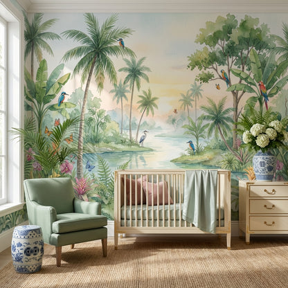 Tropical Landscape Wallpaper Watercolor Lush Green Foliage Wall Mural