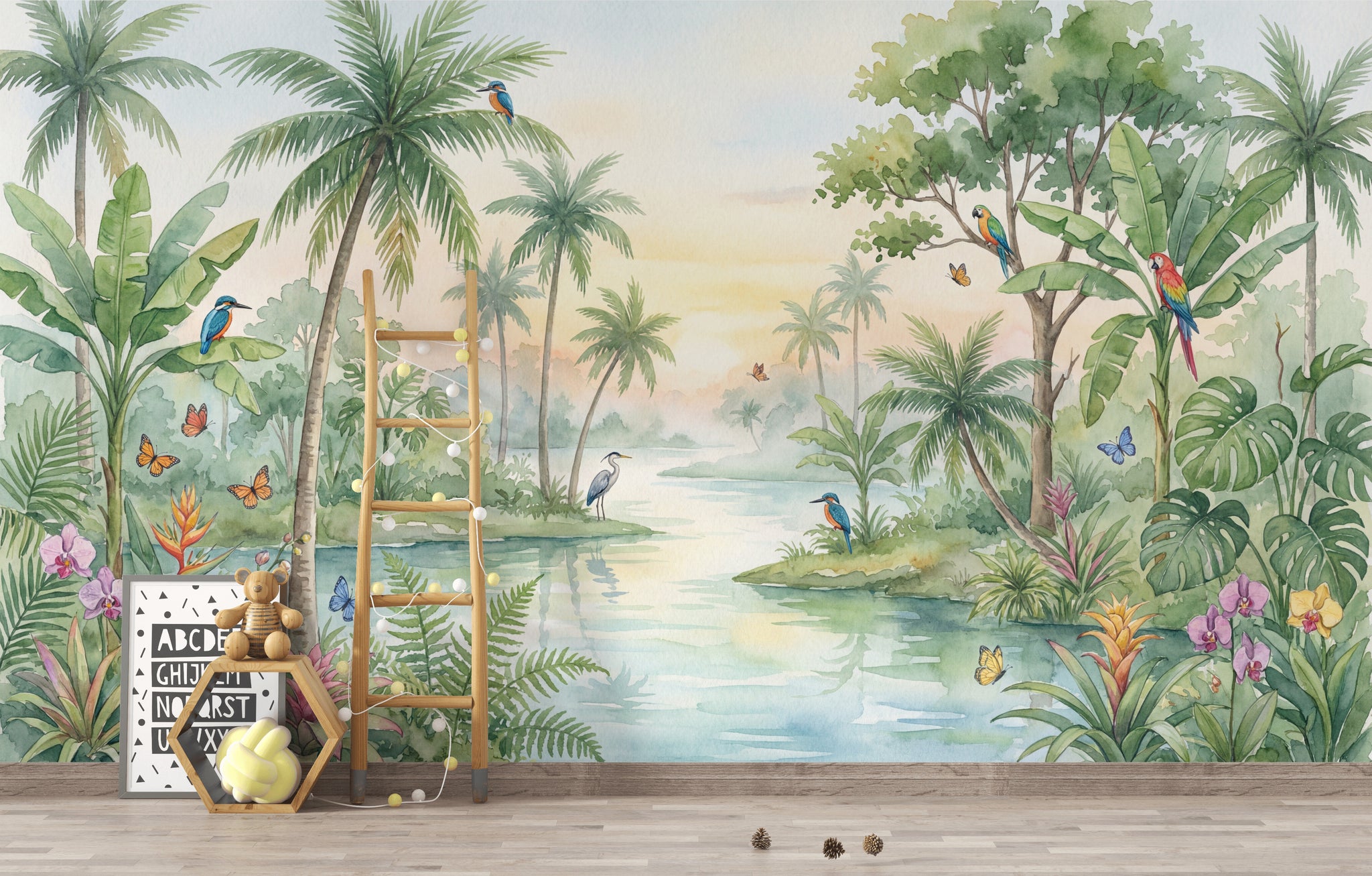 Tropical Landscape Wallpaper Watercolor Lush Green Foliage Wall Mural