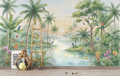 Tropical Landscape Wallpaper Watercolor Lush Green Foliage Wall Mural