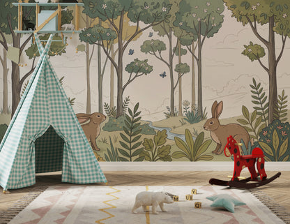 Woodland Landscape Wallpaper Rabbits Storybook Illustration Removable Wall Decor