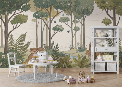 Woodland Landscape Wallpaper Rabbits Storybook Illustration Removable Wall Decor