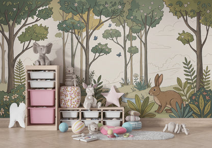 Woodland Landscape Wallpaper Rabbits Storybook Illustration Removable Wall Decor