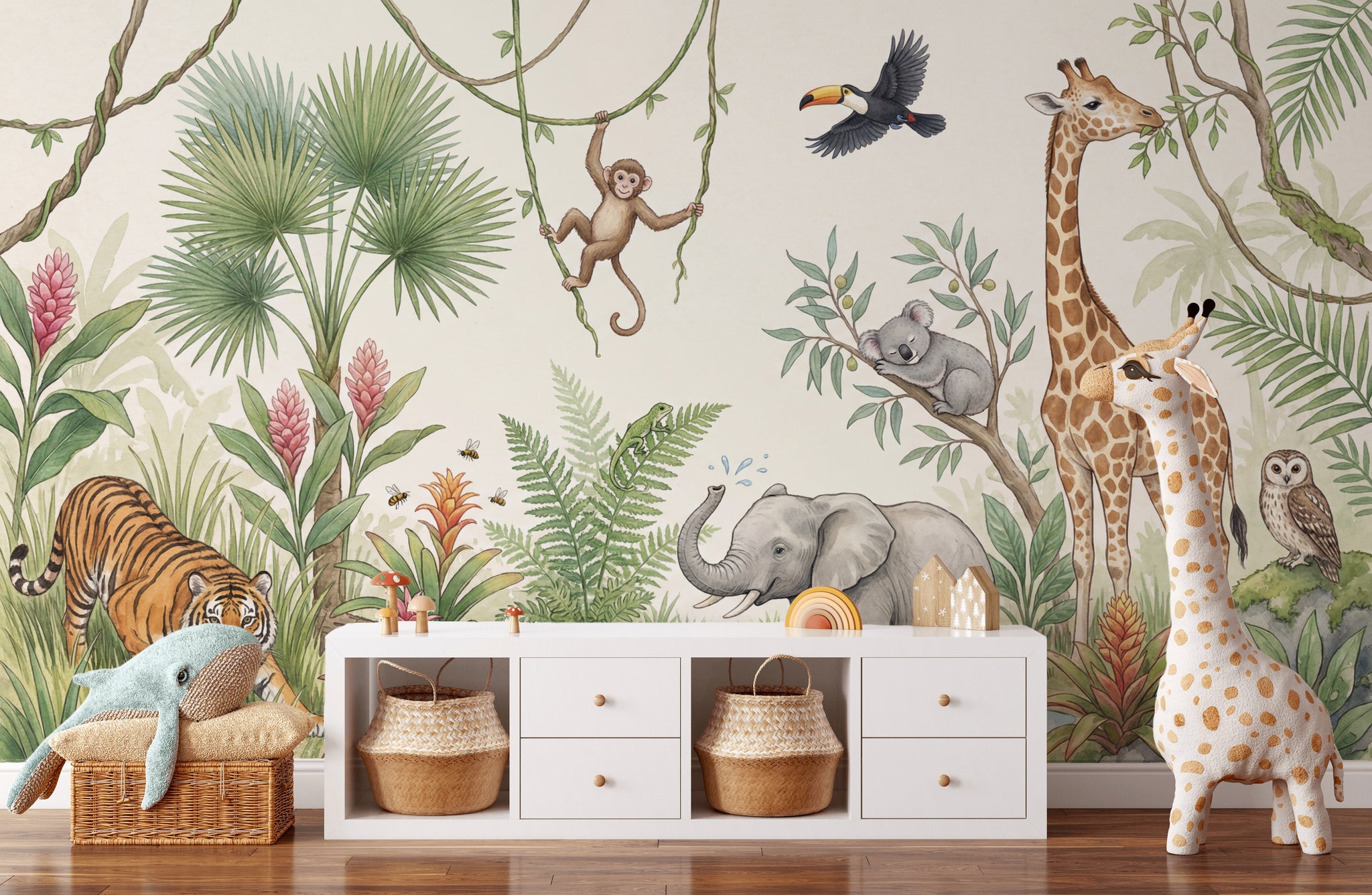 Jungle Wallpaper Safari Animals Watercolor Illustration Removable Wall Decor