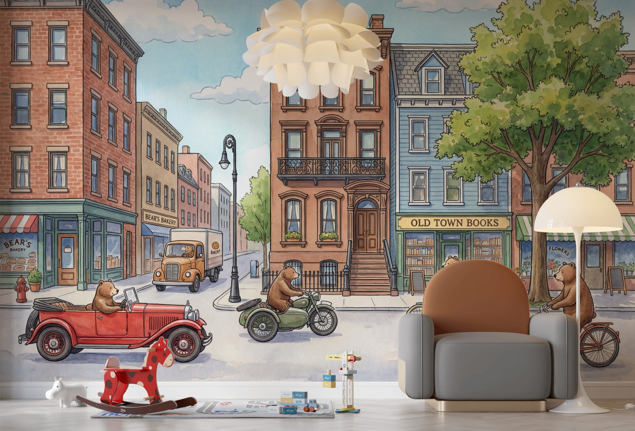 Storybook Illustration Wallpaper Town Street Bookstore Removable Wall Decor