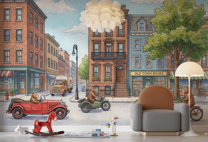 Storybook Illustration Wallpaper Town Street Bookstore Removable Wall Decor