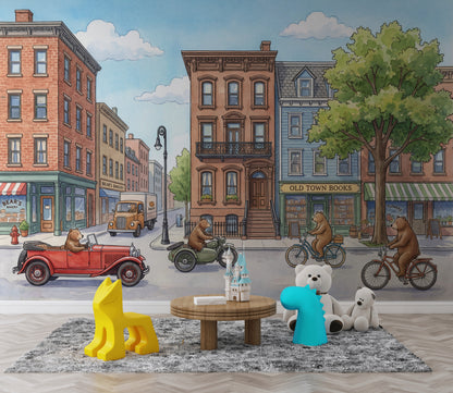 Storybook Illustration Wallpaper Town Street Bookstore Removable Wall Decor