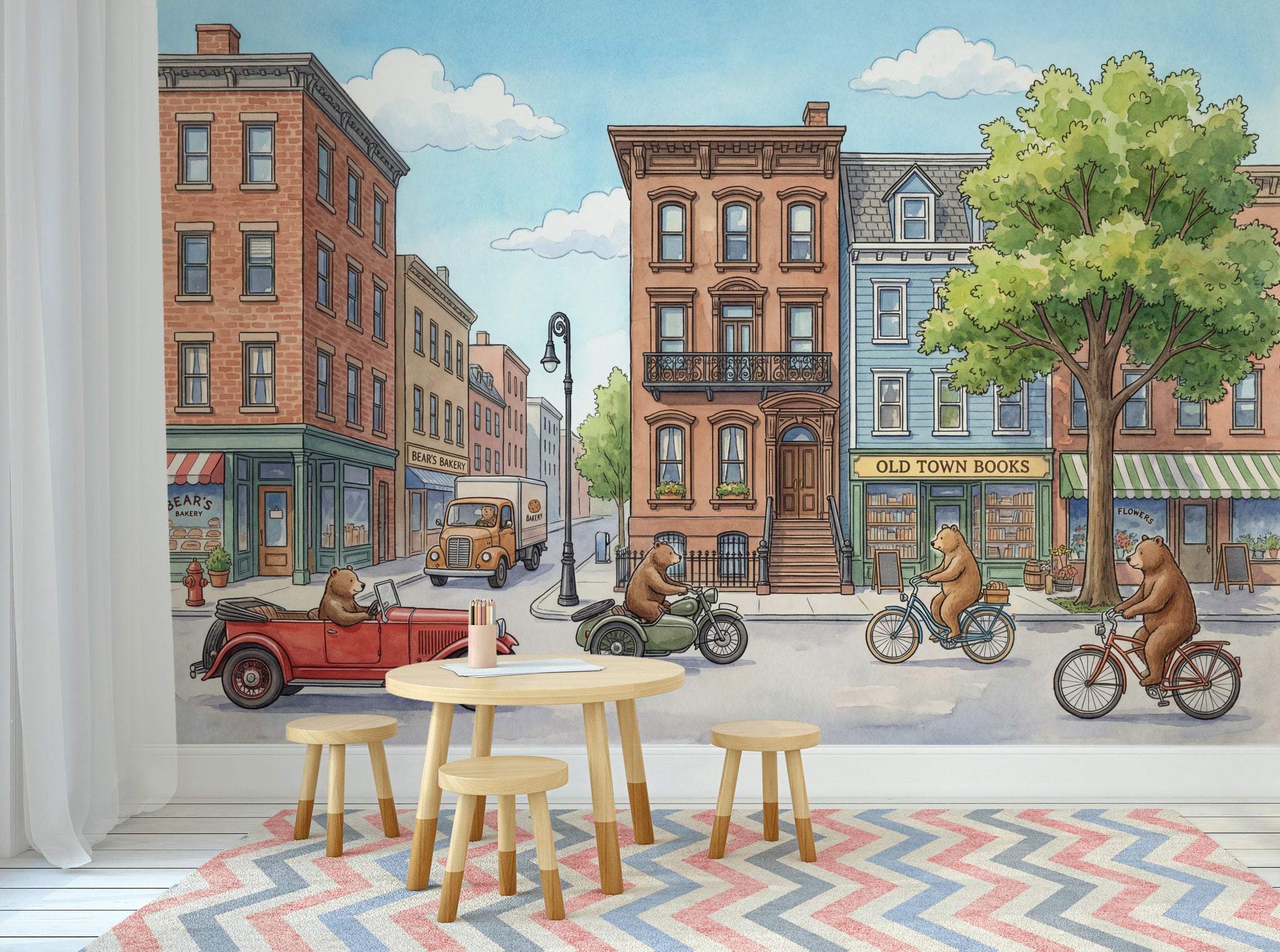 Storybook Illustration Wallpaper Town Street Bookstore Removable Wall Decor
