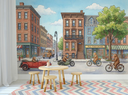 Storybook Illustration Wallpaper Town Street Bookstore Removable Wall Decor