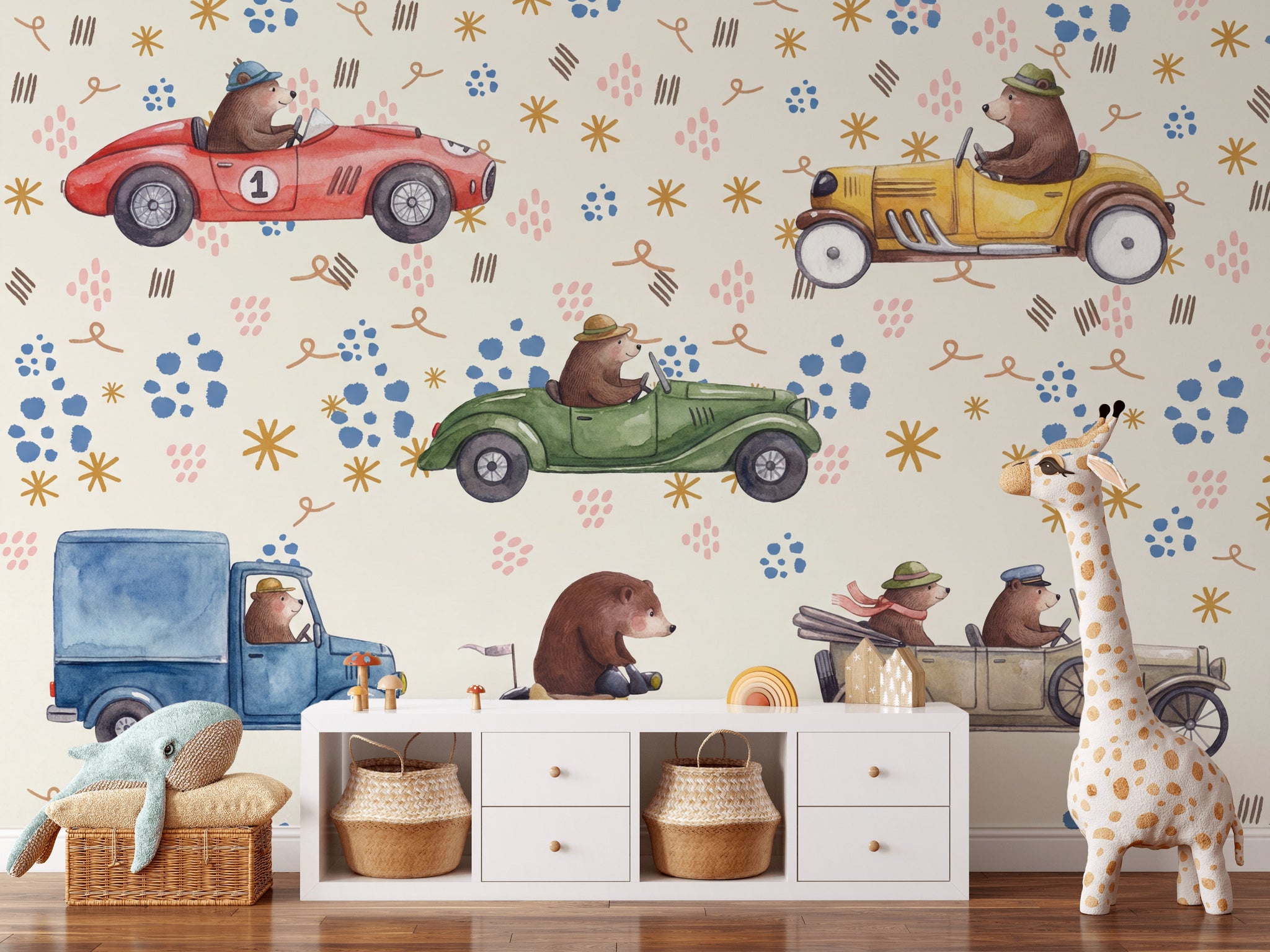 Playful Kids Wallpaper Cute Bears Vintage Cars Wall Mural