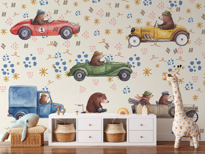Playful Kids Wallpaper Cute Bears Vintage Cars Wall Mural