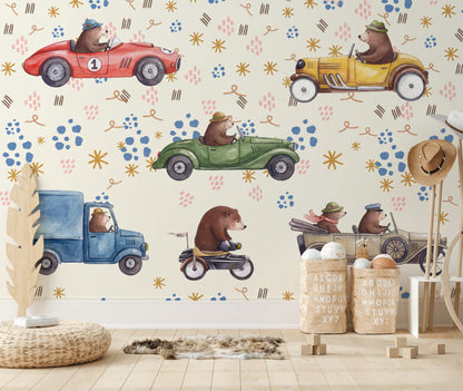 Playful Kids Wallpaper Cute Bears Vintage Cars Wall Mural